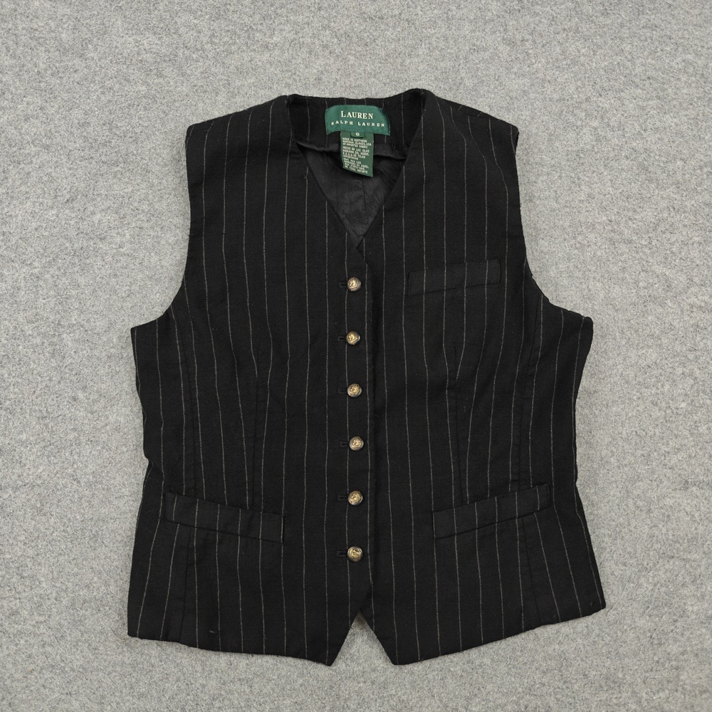 Lauren Ralph Lauren Suit Vest Womens 6 Black Pinstripe Lined Wool Vintage